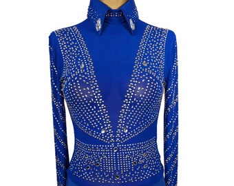 Body azul rey con diamantes de imitación – Camisa vaquera para mujer
