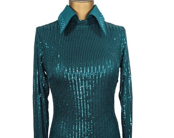 Dark Green Sequin Show Shirt – Rhinestone Equestrian Western Top