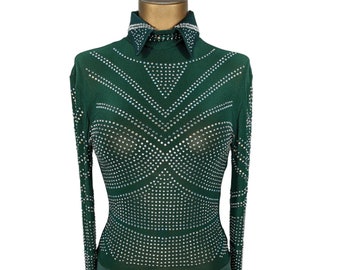 Dark Green Rhinestone Western Show Bodysuit – Mesh Rodeo Top