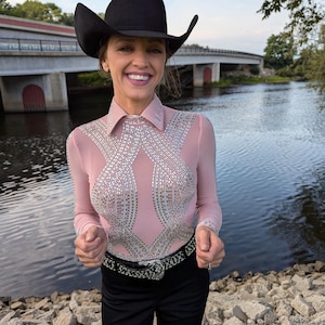 Light Pink Elegant Darling - Women&#39;s Horse Show Shirt - Western Show Clothes - Rhinestone Bodysuit - Rodeo Outfit - Reining - NFR