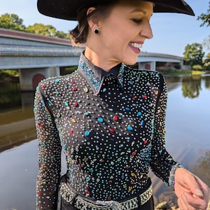Rainbow Rhinestone - Western Show Shirt - Women&#39;s Horse Show Apparel