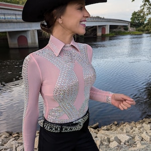 Baby Pink Aces - Women&#39;s Western Show Shirt - Horse Show Clothes - Rhinestone Bodysuit - Rodeo Outfit - Reining - Western Pleasure
