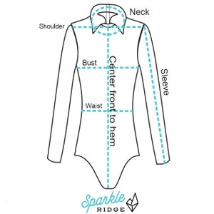 May include: Diagram showing how to measure a long-sleeved shirt for a custom fit. Measurements include neck, shoulder, bust, waist, sleeve, and center front to hem.