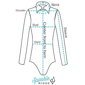 May include: Diagram showing how to measure a long-sleeved shirt for a custom fit. Measurements include neck, shoulder, bust, waist, sleeve, and center front to hem.
