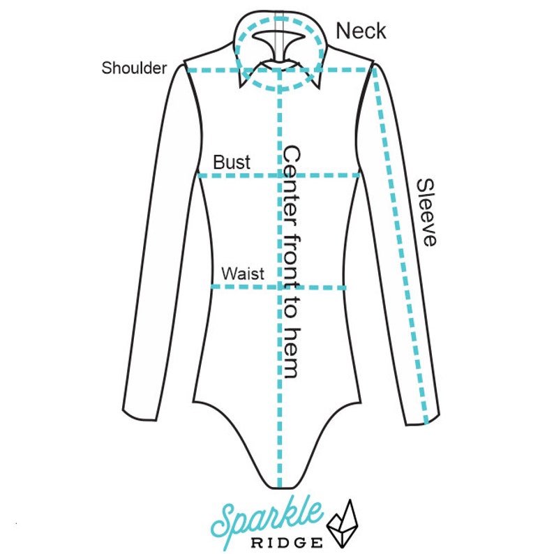 May include: Diagram showing how to measure a long-sleeved shirt for a custom fit. Measurements include neck, shoulder, bust, waist, sleeve, and center front to hem.