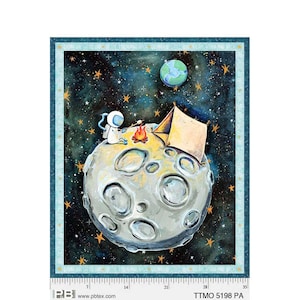 Könnte beinhalten: Ein Astronaut sitzt auf dem Mond mit einem Lagerfeuer und einem Zelt. Der Mond ist grau mit Kratern und der Hintergrund ist dunkelblau mit Sternen und einem kleinen grünen Planeten.