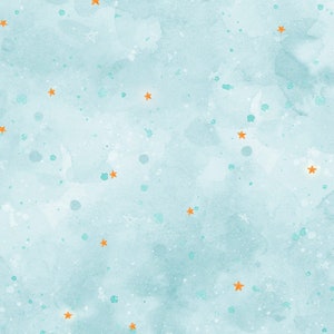 Könnte beinhalten: Ein hellblauer Aquarellhintergrund mit einem verstreuten Muster aus orangefarbenen und weißen Sternen. Der Hintergrund hat einen weichen, verblassten Look.