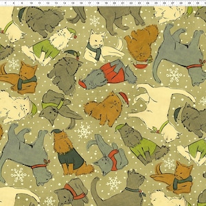 Könnte beinhalten: Ein sich wiederholendes Muster von Cartoon-Katzen in verschiedenen Posen, die Weihnachtsaccessoires wie Elfenhüte und Schals tragen. Die Katzen sind in Grau-, Braun- und Weißtönen gehalten und vor einem hellgrünen Hintergrund mit Schneeflocken platziert.