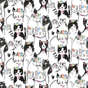 Könnte beinhalten: Ein nahtloses Muster mit schwarzen und weißen Katzen mit Blumenkränzen. Die Katzen sind in einem skurrilen Stil mit einfachen Linien und Details gezeichnet. Der Hintergrund ist weiß.