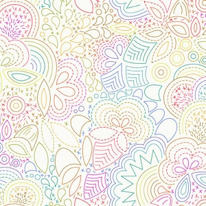 Könnte beinhalten: Ein farbenfrohes abstraktes Muster auf weißem Hintergrund. Das Muster besteht aus verschiedenen Formen und Linien, darunter Kreise, Ovale und Spiralen. Die Farben sind hell und lebendig, darunter Pink, Blau, Grün, Gelb und Orange.