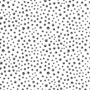 Könnte beinhalten: Ein nahtloses Muster aus schwarzen Pfotenabdrücken auf weißem Hintergrund. Die Pfotenabdrücke sind in einem sich wiederholenden Muster angeordnet, wodurch ein lustiges und verspieltes Design entsteht.