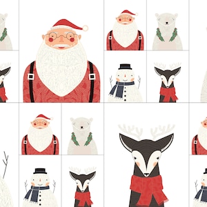 Könnte beinhalten: Eine digitale Collage mit weihnachtlichen Illustrationen, die den Weihnachtsmann, einen Schneemann, ein Rentier und einen Eisbären zeigen. Die Illustrationen sind im Cartoon-Stil gehalten und haben einen verspielten Charakter.
