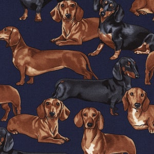 Könnte beinhalten: Ein marineblauer Stoff mit einem sich wiederholenden Muster von Dackeln in verschiedenen Posen. Die Hunde sind braun, schwarz und braun mit weißen Markierungen.