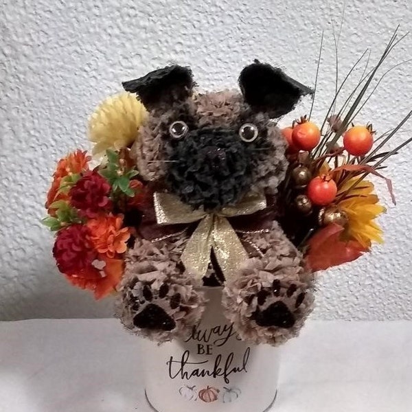 Scented Carnation Flower Pug Dog Arrangement Handcrafted