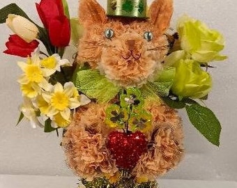 Scented Carnation Flower St. Patrick's Cat  Arrangement Handcrafted