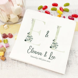 Personalised wedding sweet bags/Candy cart favour bags/eucalyptus botanical initials/Wedding sweet bags