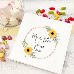 Personalised wedding sweet bags/candy cart favour bags/ gold sunflowers/ wedding favours/wedding guest favour bags