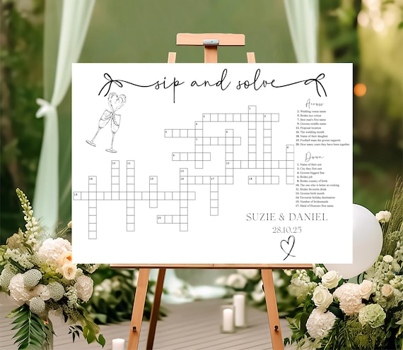 Personalised Wedding Crossword Puzzle, Sip and Solve Game, Printed Dry Wipe Board, A2, A3