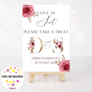 Personalised Sweet table sign/Love Is Sweet Sign/Sweet Cart Sign/Sweet Table Card/Sweet Table Sign/Treat Table Sign/Gold initial pink roses