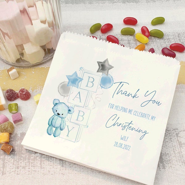 Personalised Christening/Baptism/Holy communion/naming day/ sweet bags/candy cart favours/Baby block teddy bear Sweet bags - BLUE or PINK