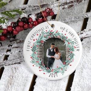 Personalised First Christmas as Mr & Mrs ceramic christmas tree bauble decoration/Mrs Mrs/ Mr Mr/ christmas wedding photo gift