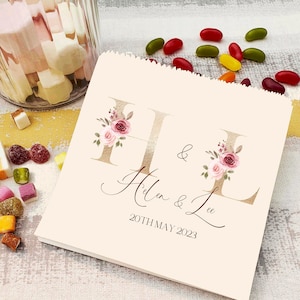 Personalised Wedding sweet bags/Candy cart bags/sweet favour bags/wedding favours/sweet bags/sweet bags/Gold pink floral Initials