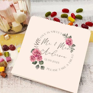 Personalised wedding sweet bags, Candy cart favour bags, wedding sweet bags, wedding favour gifts, Pink roses green watercolour leaves,