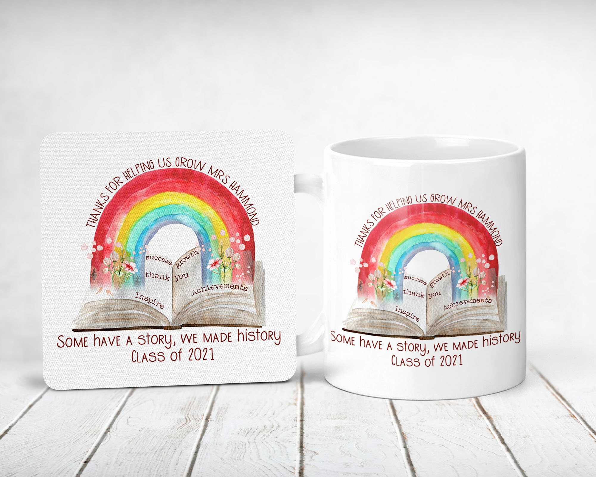 Teacher Mug and coaster rainbow book design/ thank you teacher/ teach…