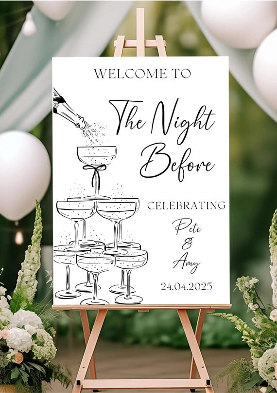 PRINTED A2 Personalised Wedding Welcome Sign: The Night Before, Champagne Tower,