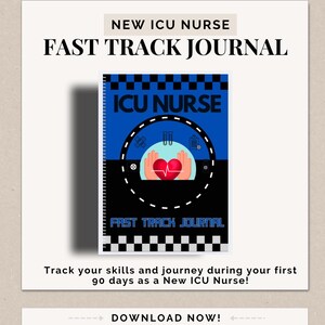May include: A blue and black journal cover with the text "ICU NURSE" and "FAST TRACK JOURNAL". The cover features a red heart with a stethoscope and other medical symbols.