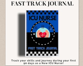 May include: A blue and black journal cover with the text "ICU NURSE" and "FAST TRACK JOURNAL". The cover features a red heart with a stethoscope and other medical symbols.