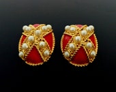 Haute Couture style u design orange red enamelled, white faux beads ornate, opulent, elegant rope design lady diva ear clips earrings
