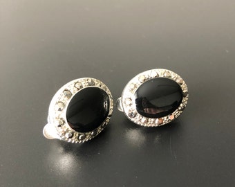 Vintage Markasit Ohrclips ovale in der Mitte schwarz emaillierte Clip Ohrringe