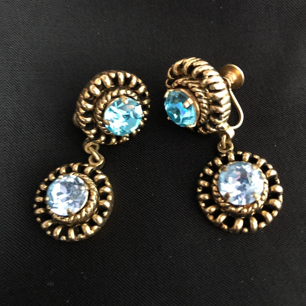 Screw Earrings Earscrews Earrings 1960s Uniquely beautiful, turquoise and light blue rhinestone decorated gold-plated earrings, rare