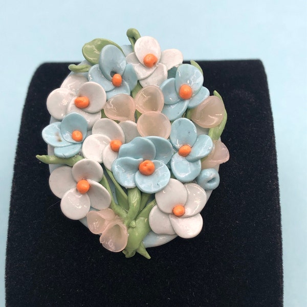 Forget-me-not brooch Beautiful vintage 1970s handmade turquoise light blue gray flowers decorated oval brooch