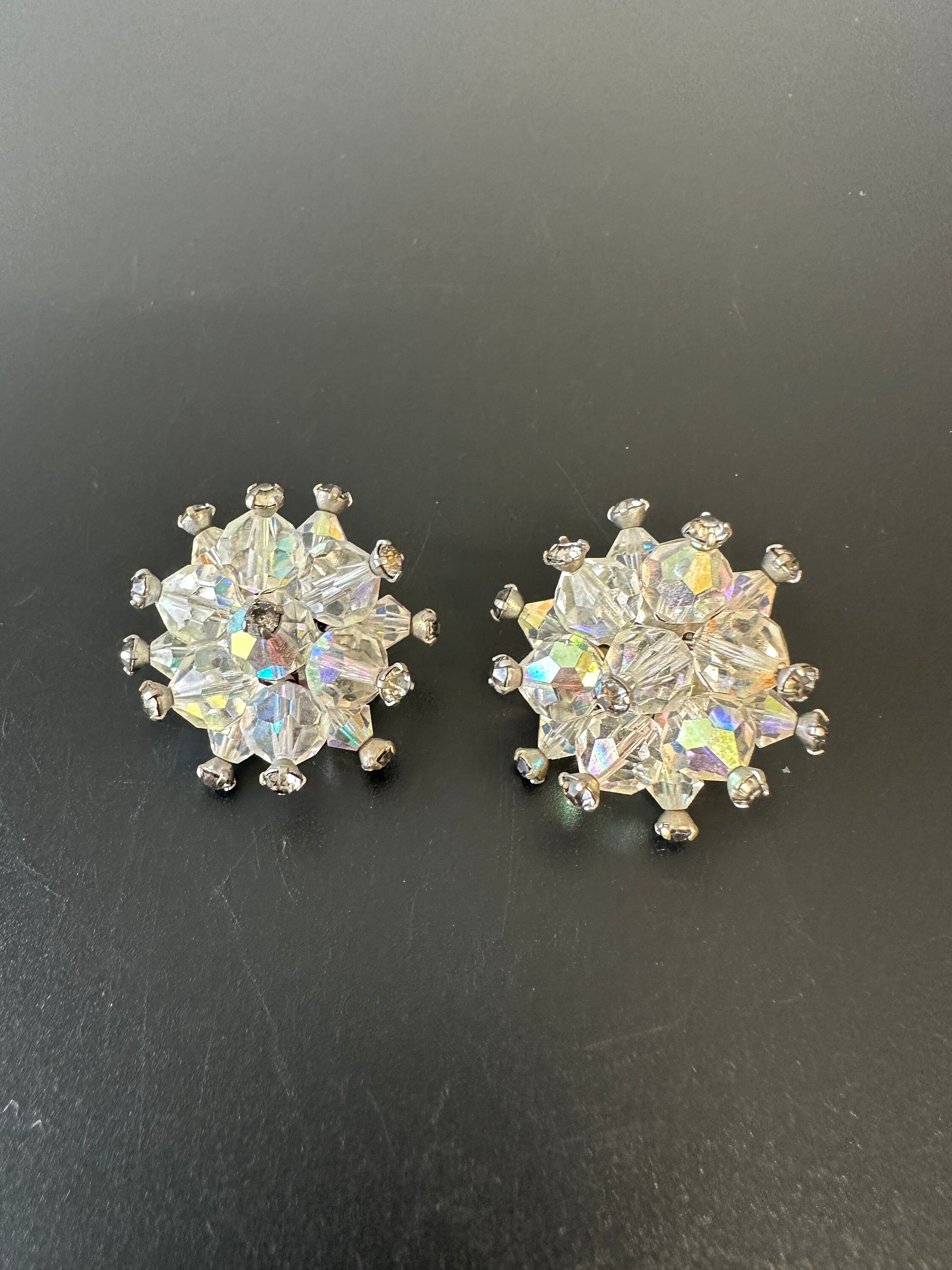 Crystal bridal clip earrings Vintage 1950s bridal jewelry clip earrings with faceted crystals and rhinestones
