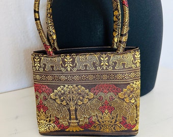 Bellissima borsa vintage con disegno di elefanti, piccola borsa con manico in tessuto broccato jacquard, borsa da donna con mini borsa da sera