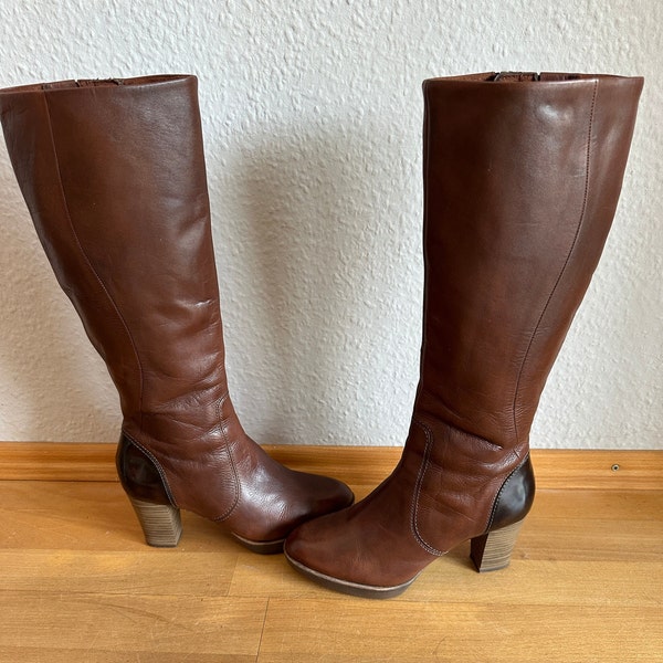 Echt Leder Stiefel Vintage Second Hand Damen Leder Stiefel braun und dunkelbraun Gr 36, 7 cm Absatz