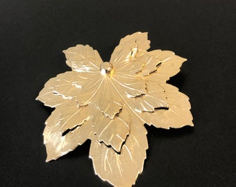 Large Leaf Brooch Vintage 1970s gold plated light metal leaves brooch