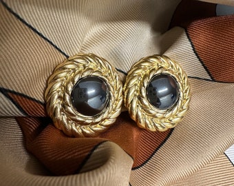 Vintage Hematite Clip Earrings 1980s elegant gold plated, rope design rimmed, beautiful clip earrings