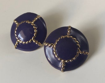 Purple Enameled Earrings Beautiful Purple Enameled with Delicate Rope Design Decorated Gold Plated Vintage 1980s Stud Earrings