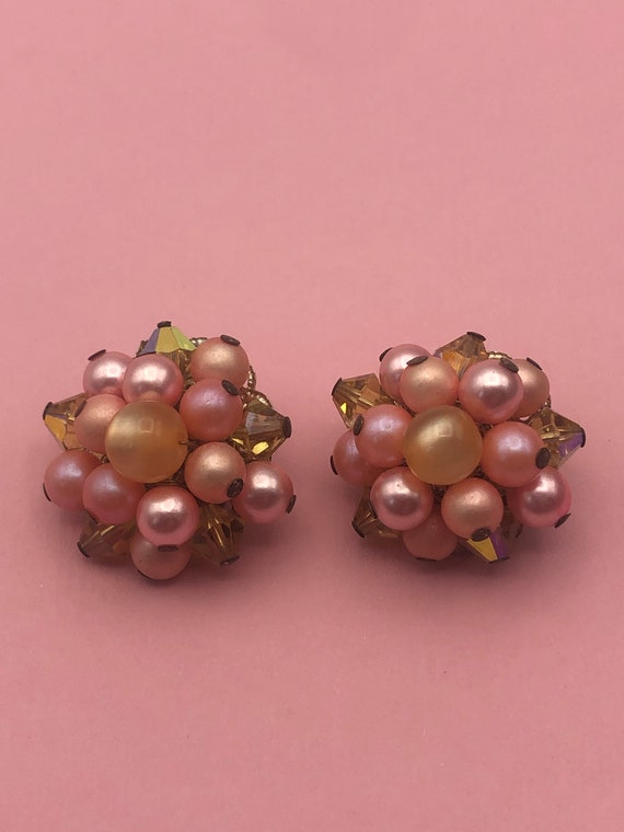 Moonglow Cluster Earclips Vintage 50s Salmon Pink… - image 6