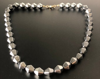 Hematite diamond pearl necklace impressive vintage natural stone necklace with diamond shaped pearls