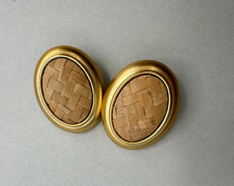 Peddigrohr Inlay Ohrclips Vintage Clip Ohrringe, edel matt vergoldetes Metall, SELTEN !!