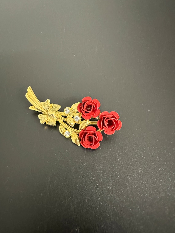 Vintage Rosen Brosche matt Lippenstift rote Blüte… - image 1