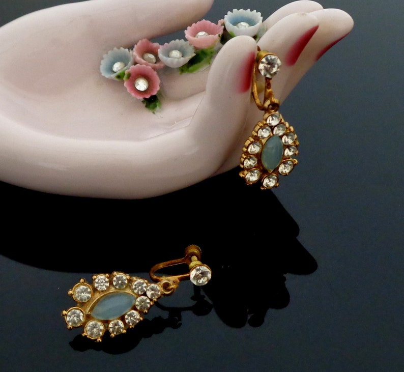 1960 /'s glass beads /& rhinestones decorated very beautiful earrings Ohrschrauben earrings-the blue Navette bead has a light Moonglow