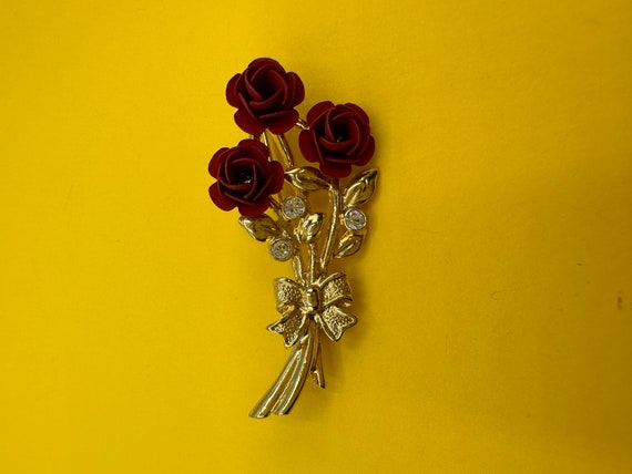 Vintage Rosen Brosche matt Lippenstift rote Blüte… - image 4