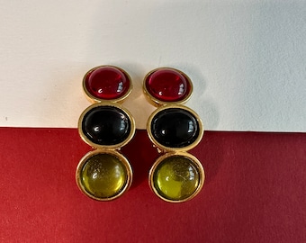 Glas Cabochon Ohrclips Vintage 1980s rot dunkelblau und Moosgrüne Glas Cabochon Clip Ohrringe