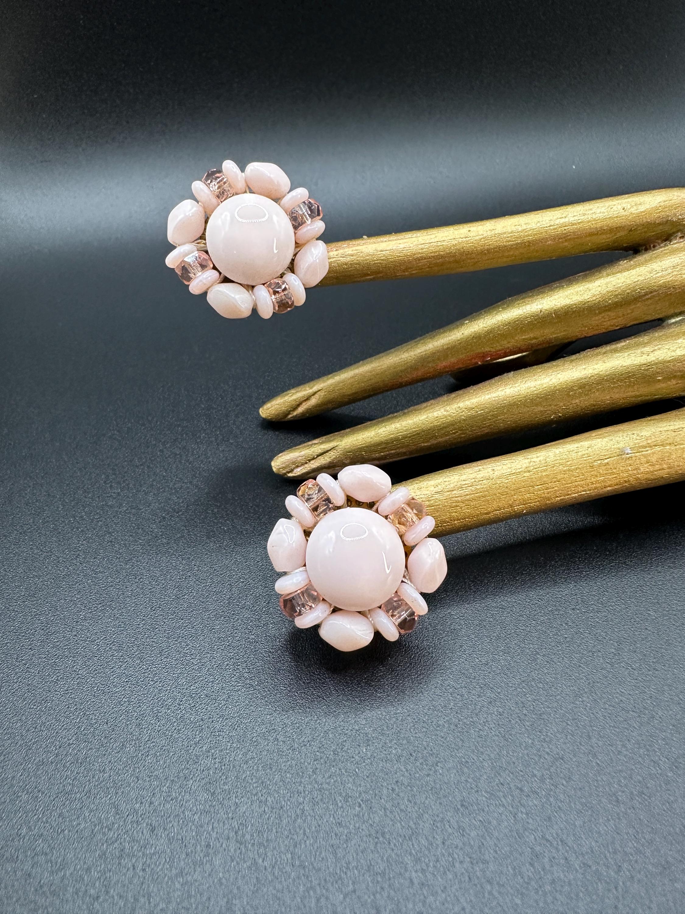 Boucles D’oreilles Clips – Perles De Verre Rose, Orées, Vintage (occasion)
