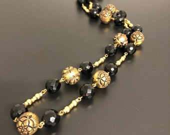 Black Crystal Necklace Vintage 1960s Designer FREIRICH Black Jet Black Crystal, Metal Rosebud Beads Decorated Necklace Necklace